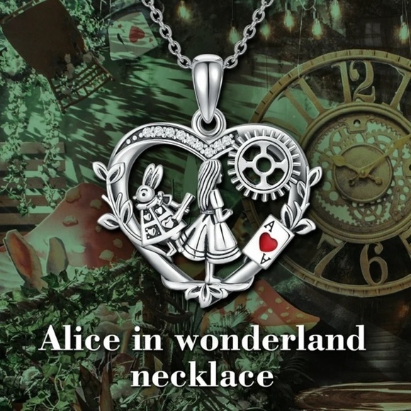 Alice In Wonderland Necklace Pendant and Chain Women’s Silver Tone Red Heart - Picture 2 of 16